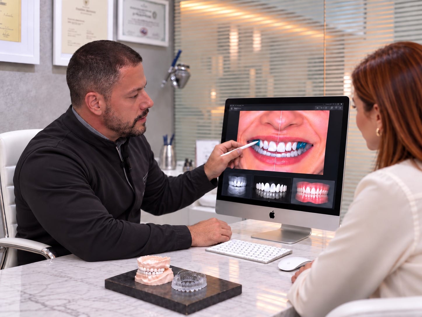Dr. Fernando Brasil mostrando no monitor o planejamento do sorriso à paciente de blusa clara