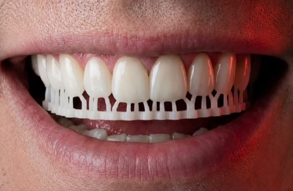 Sorriso com as lentes impressas em 3D ainda presas aos suportes de impressão